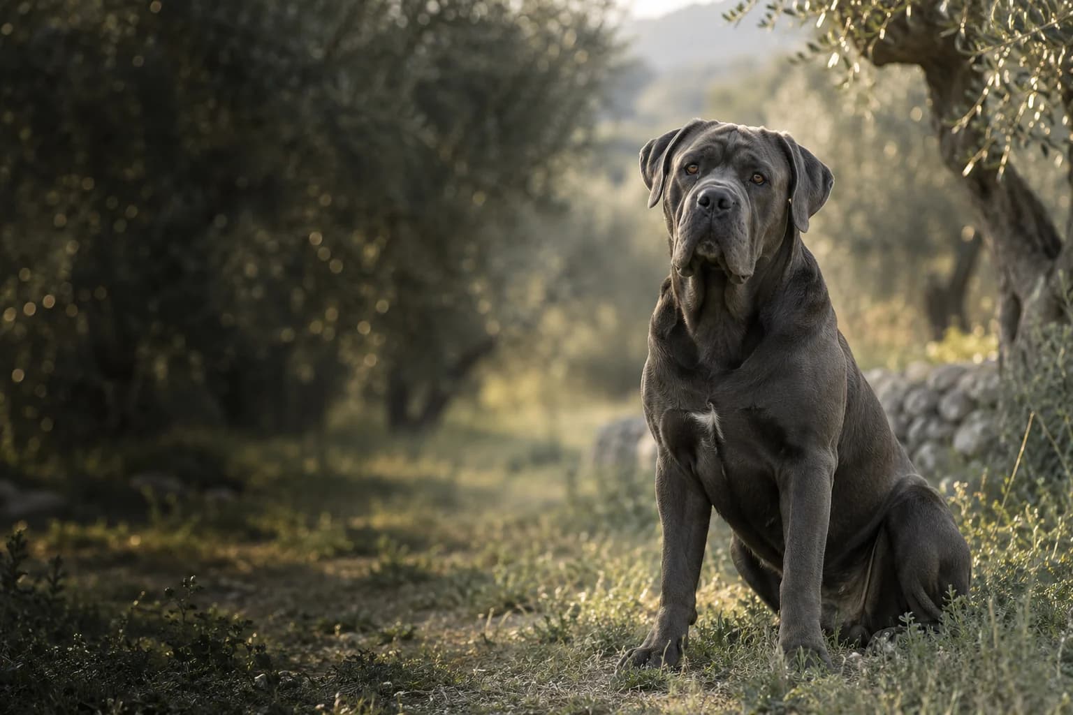 An illustrative portrait of a calm gray Cane Corso with natural ears in an olive grove