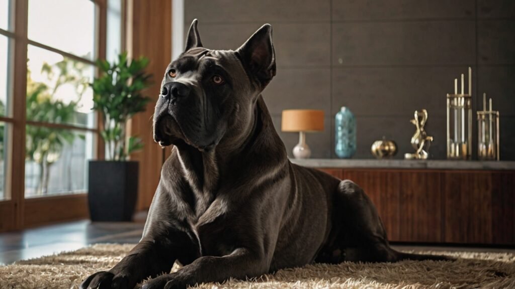 A muscular Cane Corso sitting attentively next to its owner, demonstrating obedience and the results of proper training in a home environment.