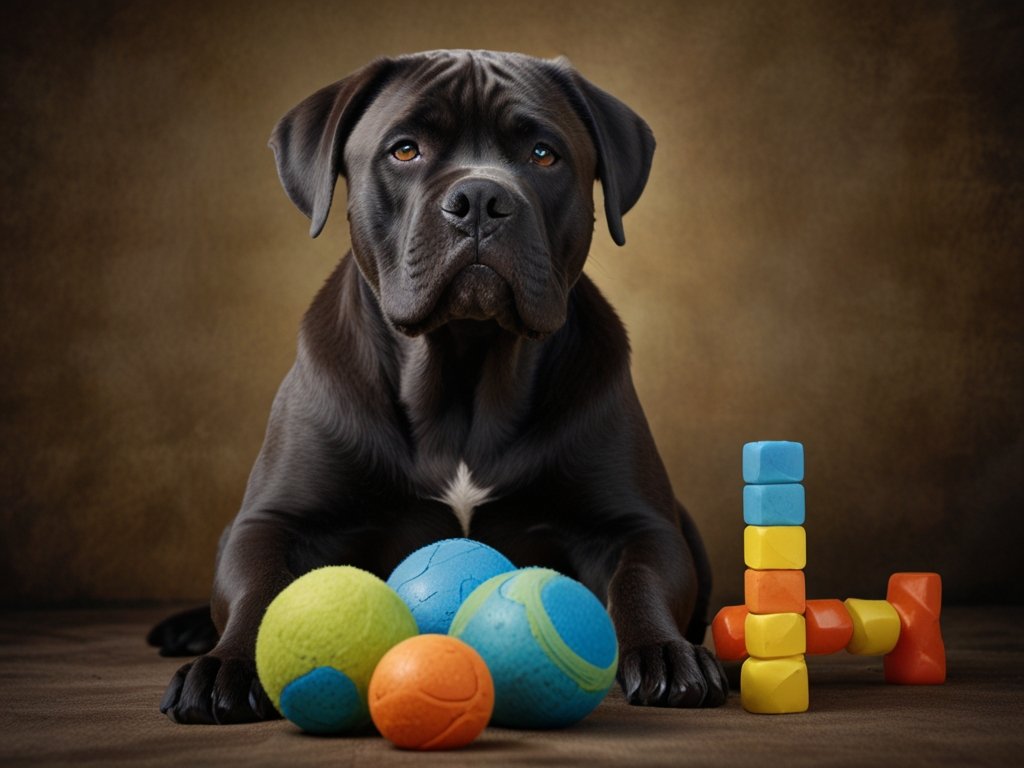 A muscular Cane Corso sitting calmly beside its owner in a park, demonstrating good behavior and responsible ownership in a public space.