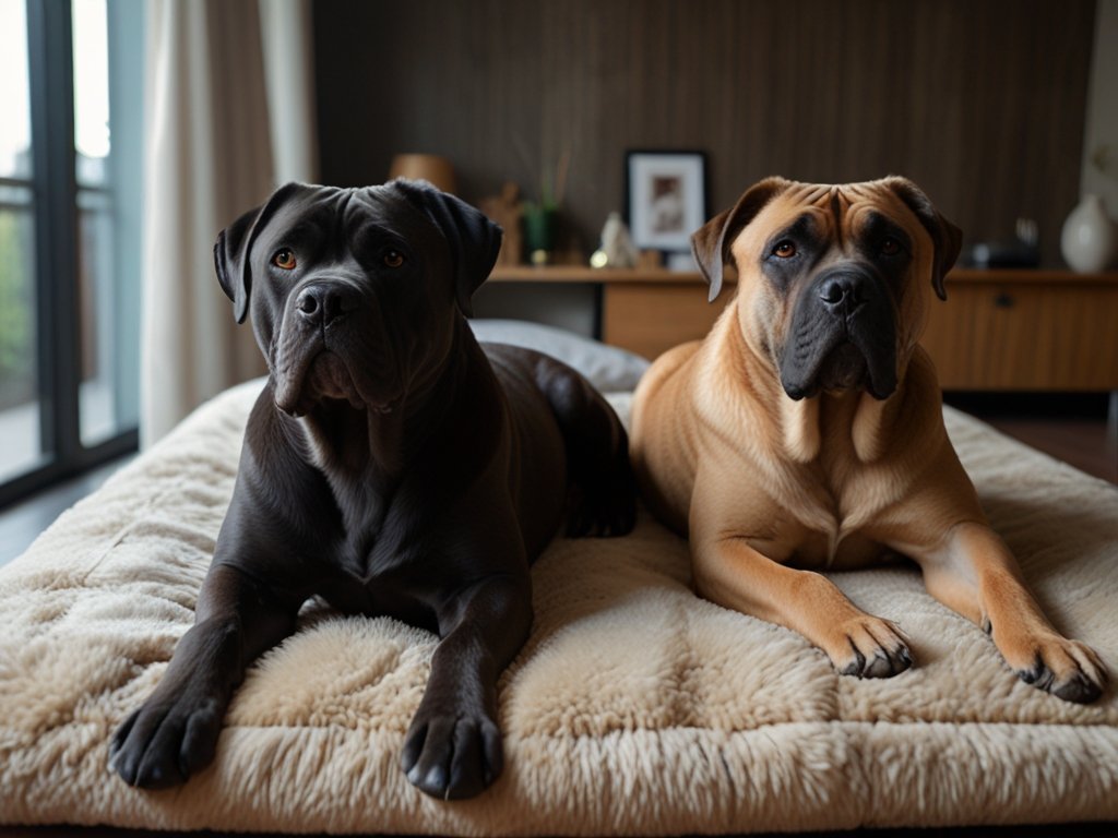 A well-behaved Cane Corso playing calmly with two other dogs in a living room, showcasing successful multi-dog harmony.