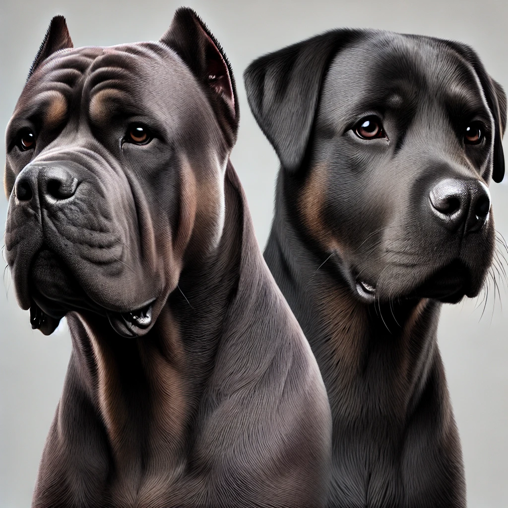 A hyper-realistic image of a Labracorso (Cane Corso x Labrador Retriever). The Labracorso should have a sleek, muscular build with a dark-colored coat and facial features resembling both a Cane Corso and a Labrador Retriever. It should have a gentle but alert expression, combining the protective instincts of a Cane Corso with the friendly demeanor of a Labrador. The image should be educational, clearly showcasing the traits of this hybrid dog.