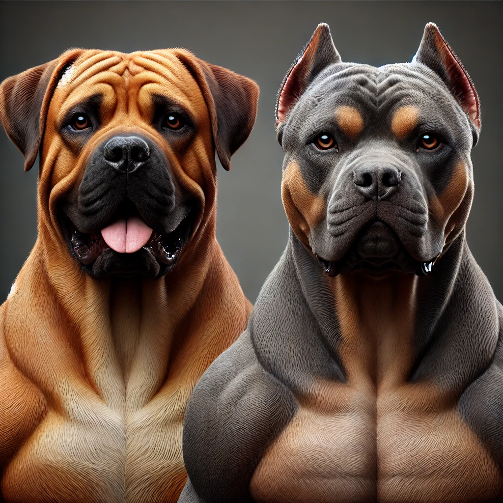 A highly detailed and hyper-realistic image of popular Cane Corso mix breeds. The image should show a Labracorso (Cane Corso x Labrador Retriever) and an American Pit Corso (Cane Corso x Pitbull Terrier) side by side. The Labracorso should have a muscular yet friendly appearance with a dark-colored coat and Labrador-like features, while the American Pit Corso should have a more robust and athletic build with Pitbull-like facial features and a brindle or grayish coat. The background should be neutral, focusing on the details of the dogs’ appearance, making it informative and appealing for educational content.